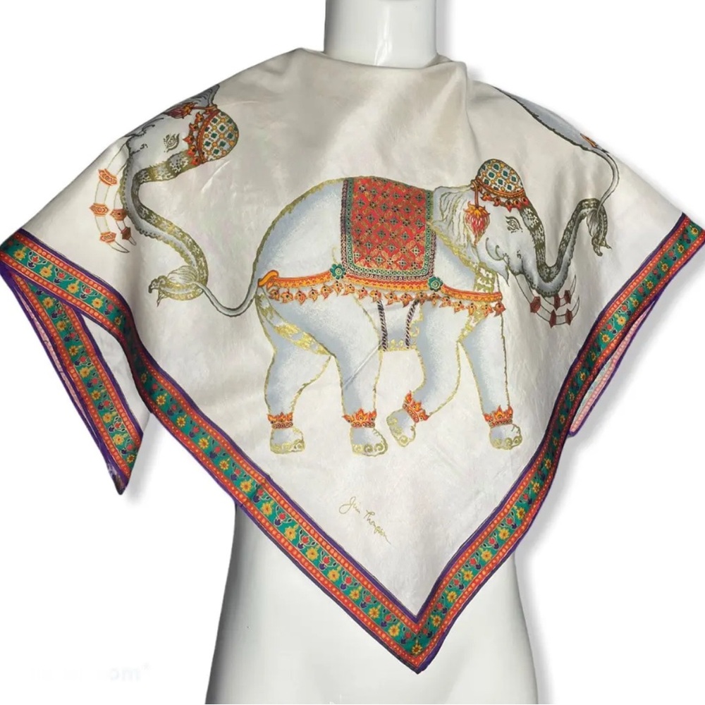 Jim Thompson silk Ivory Elephant Print Scarf with Colorful Accents